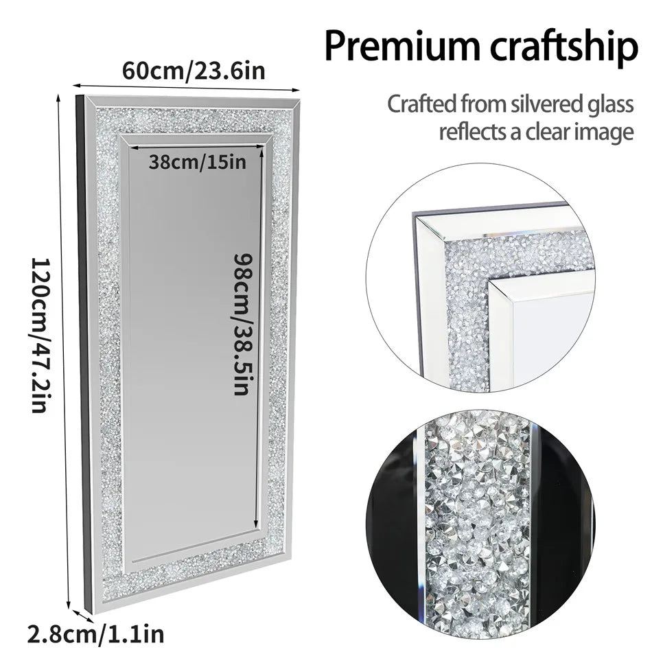 LUVODI Large Frameless Vanity Mirror with Silver Crystal Rhinestones