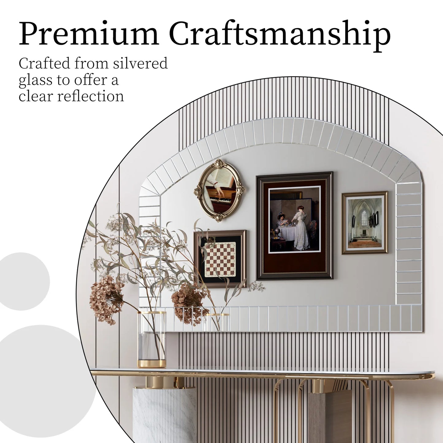 Large Silver Arched Wall Mirror – Venetian-Style Decorative Accent with Beveled Glass