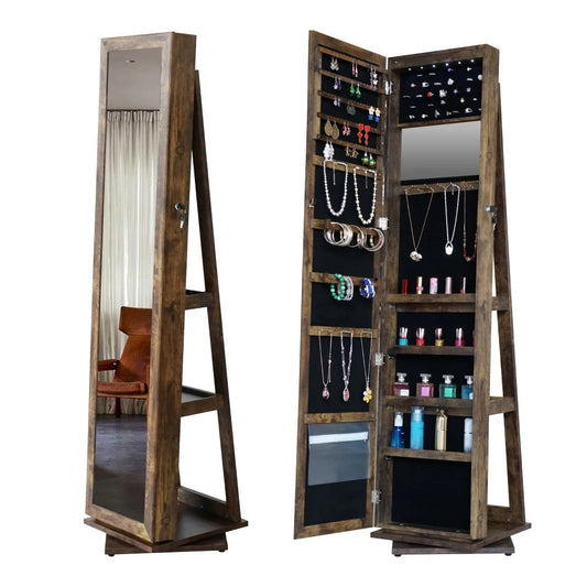 360° Swivel Full-Length Mirror with Jewelry Storage – Elegant Home Decor Cabinet