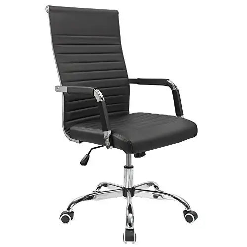 Ribbed Office Desk Chair Mid Back PU Leather Adjustable Swivel Chair with Arms