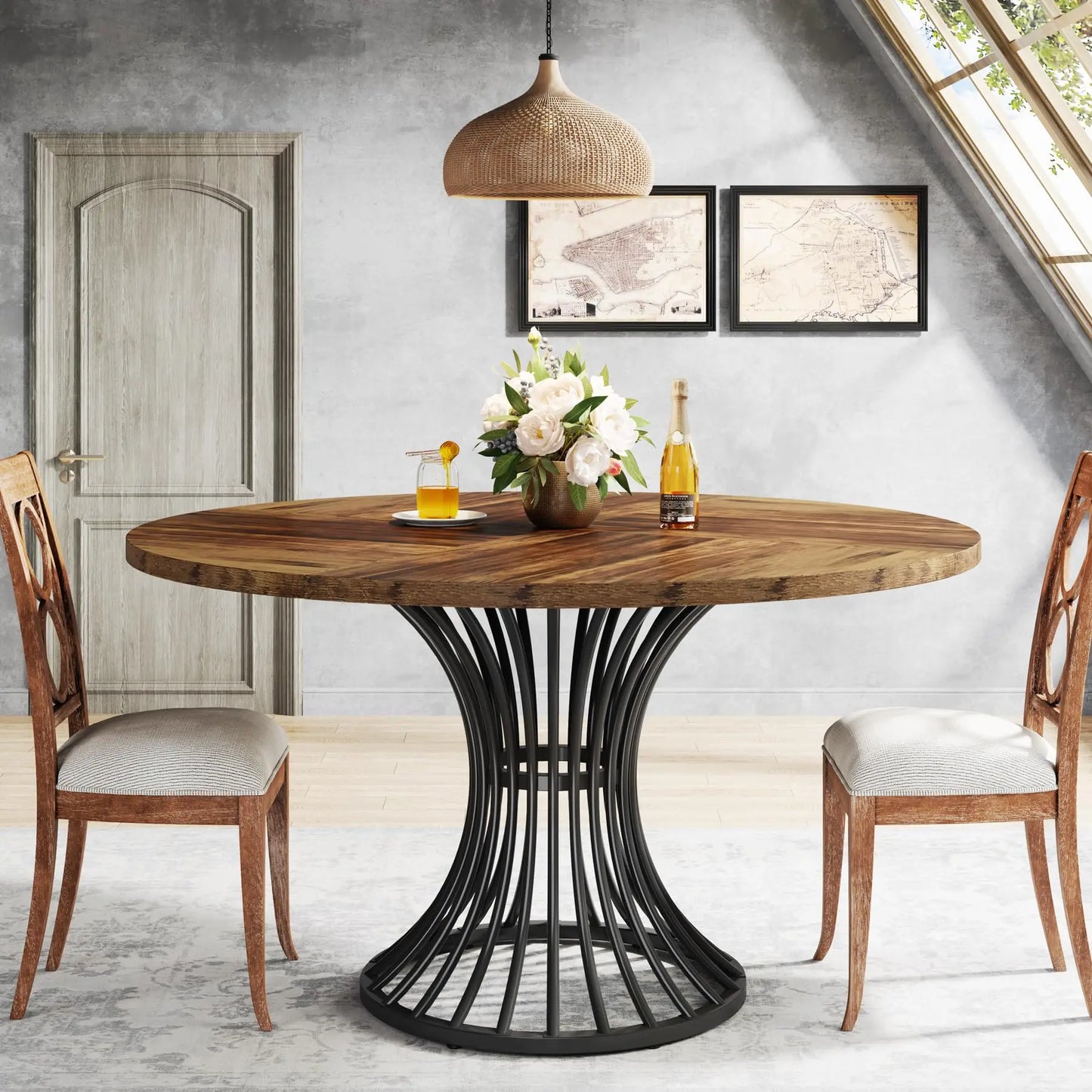 Tribesigns 47" Round Dining Table, Seats 4–6, Farmhouse Industrial Style