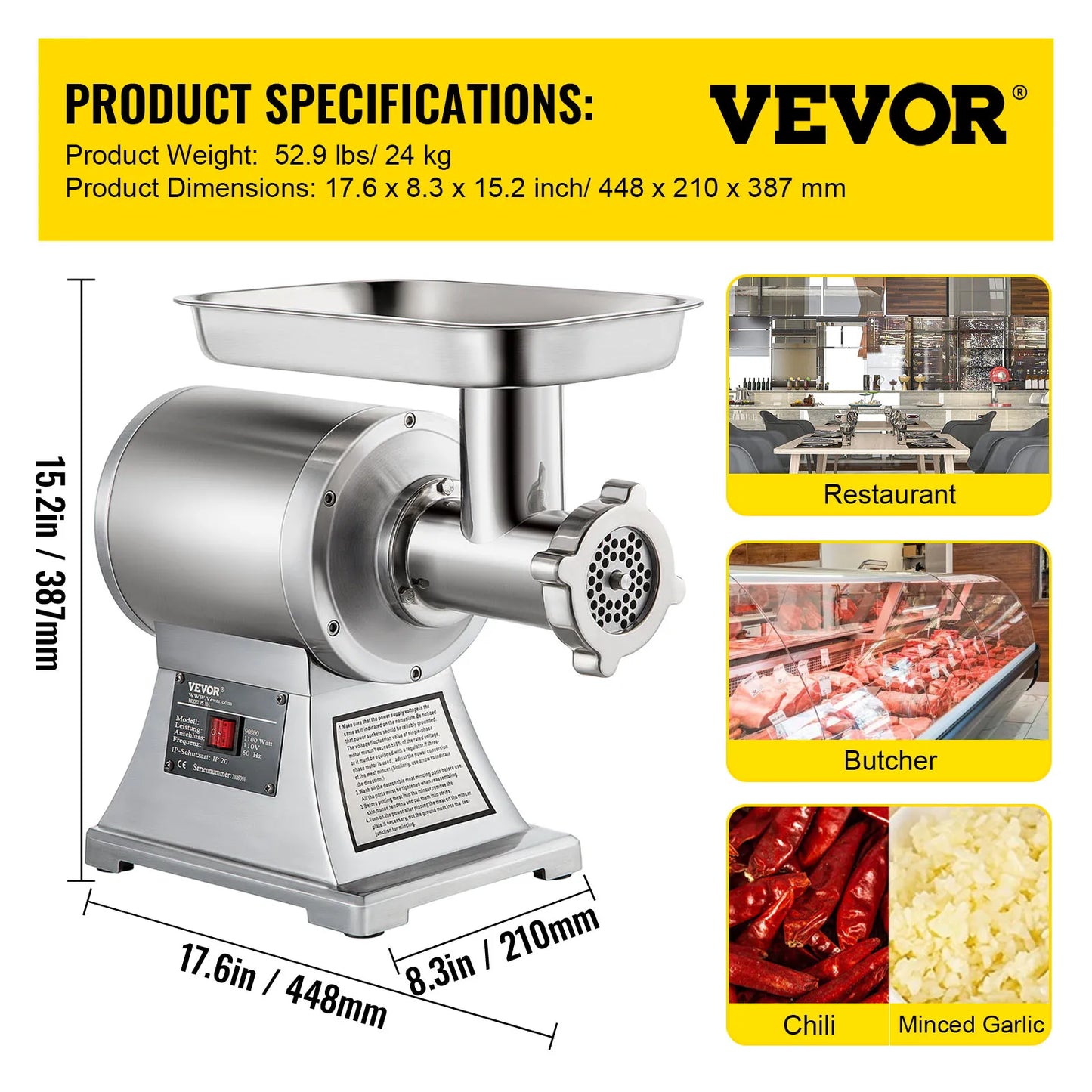 VEVOR Electric Meat Grinder 122–250 KG/H Heavy-Duty Commercial Mincer & Food Processor