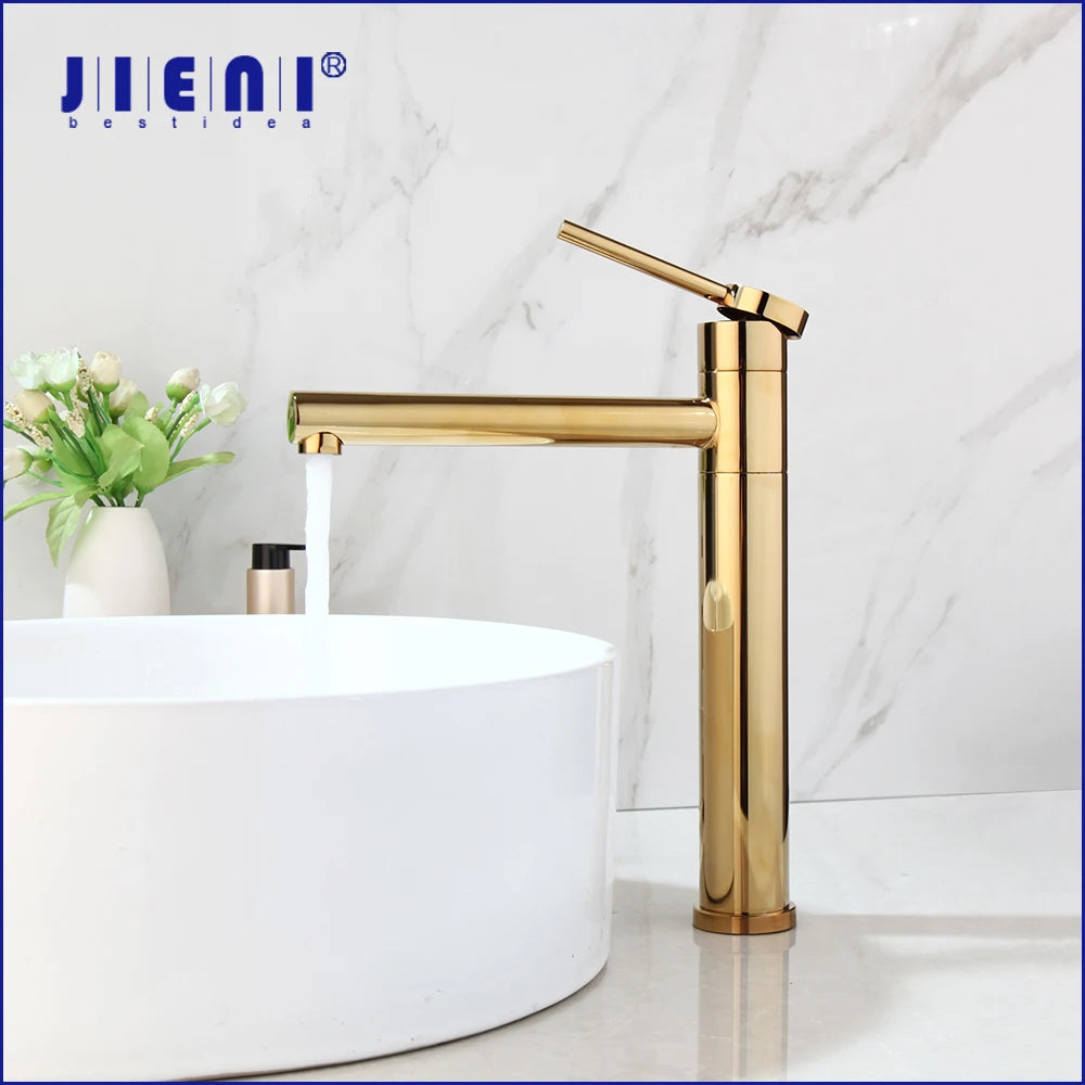JIENI Bathroom Gold & Chrome Basin Faucet, Deck-Mounted Single Handle