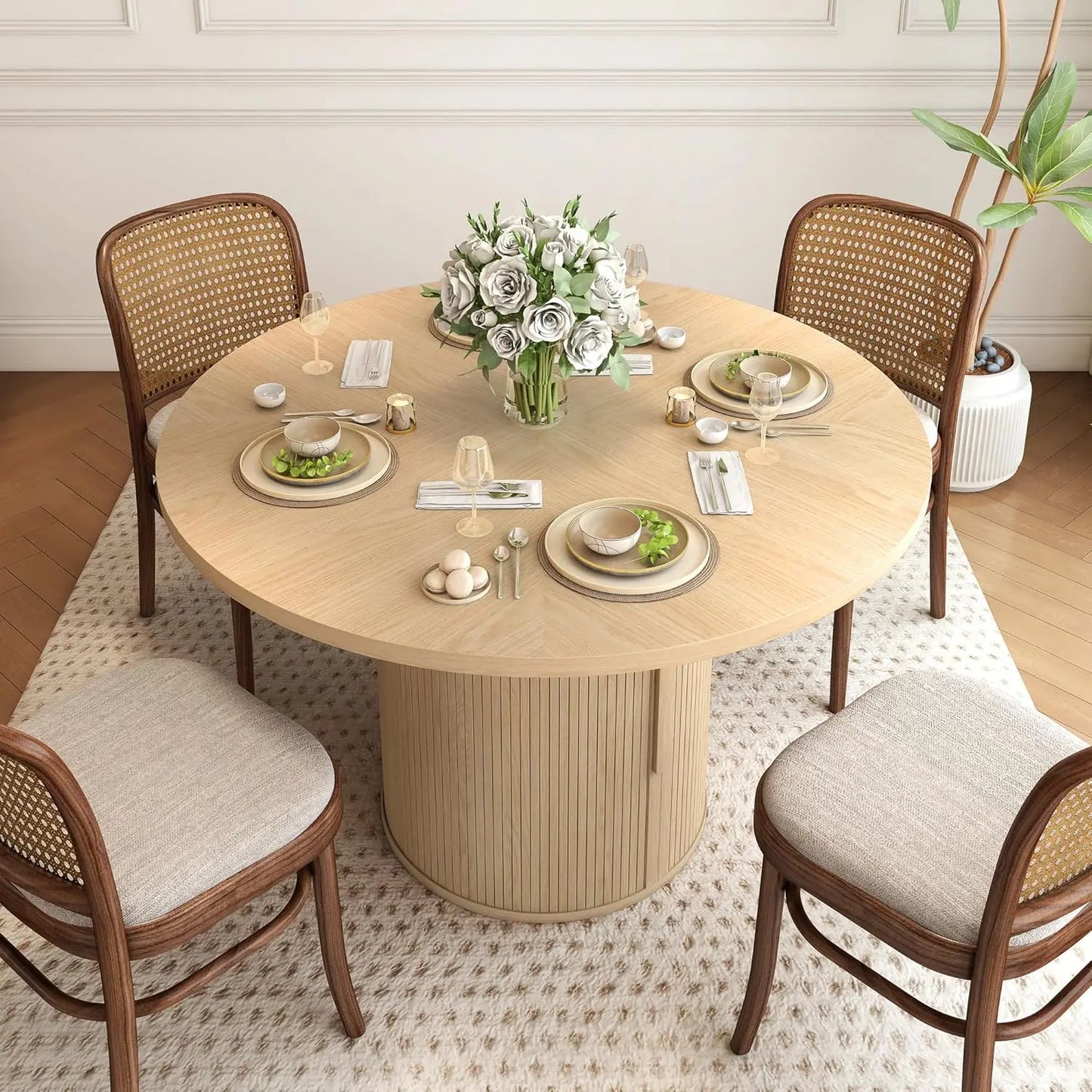 47-Inch Round Dining Table for 4 with 2-Layer Storage Shelf and Wood Sliding Door