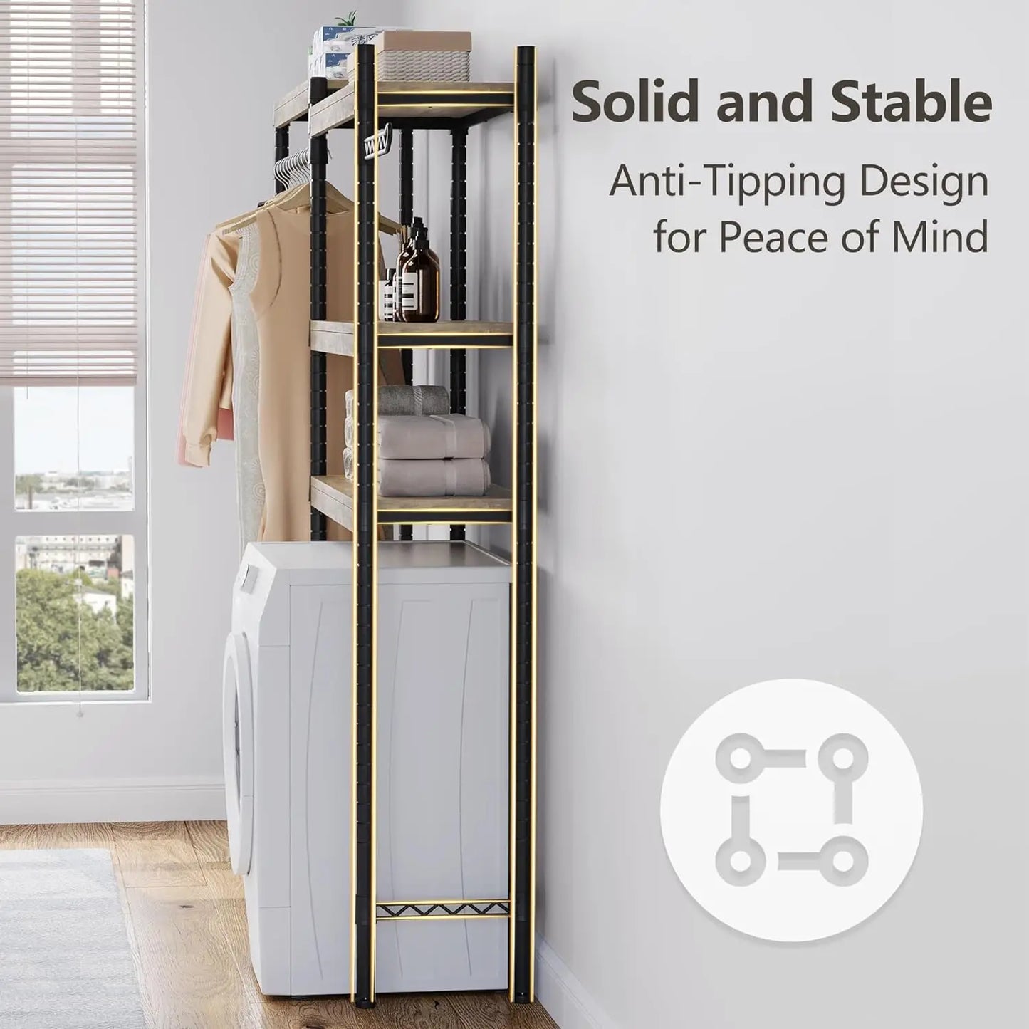 5-Tier Wood Laundry Shelf – Over Washer & Dryer Organizer, Clothes Rack