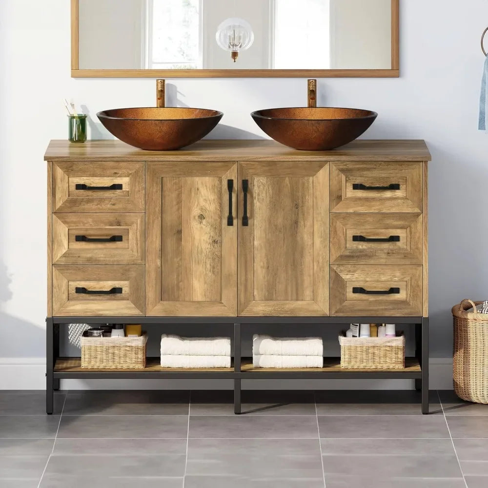 48" Double Rustic Bathroom Vanity Set with Double Sinks, Side Cabinet, Tempered Glass Vessel Sinks