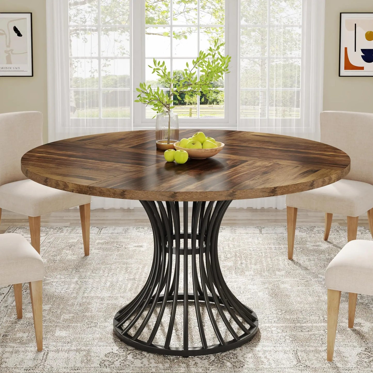 Tribesigns 47" Round Dining Table, Seats 4–6, Farmhouse Industrial Style