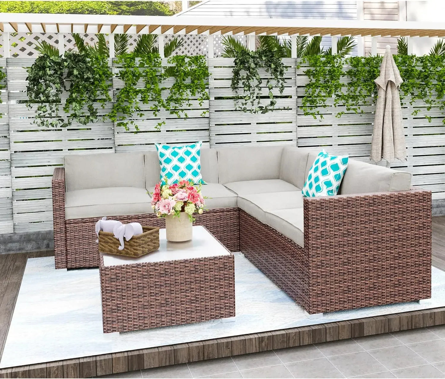 🌿 6-Piece Outdoor Wicker Patio Set | Sofa Comes with Gray or Sky Blue Cushions