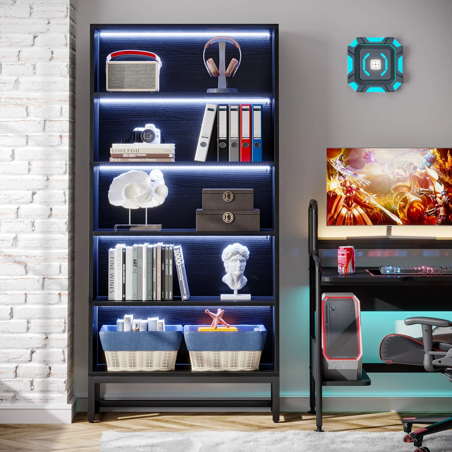Tribesigns 70.8" Tall Library Bookcase with LED Lights, Heavy Duty Organizer