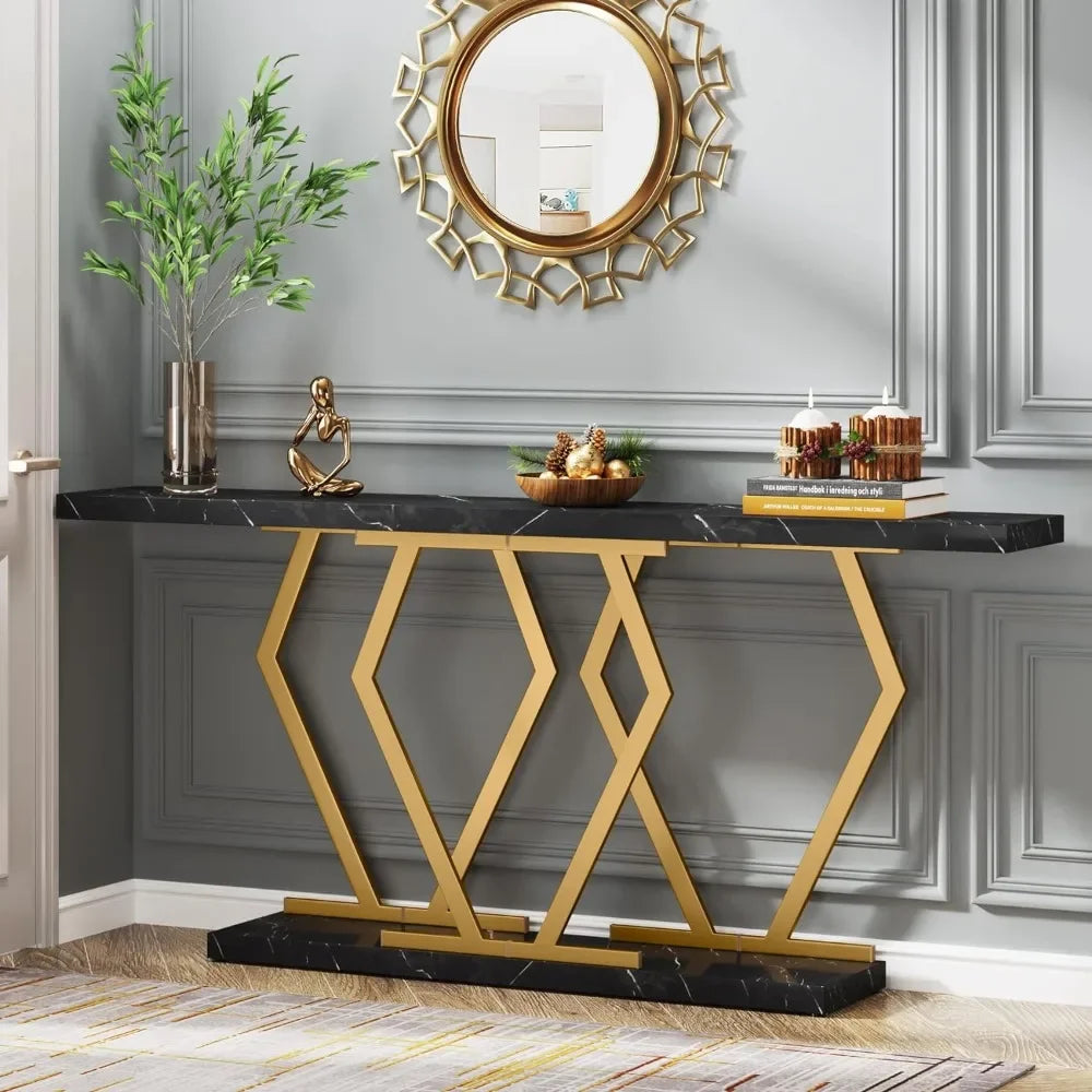 70.9" Extra Long Console Table, Faux Marble Top, Modern Table with Gold or Black Frame