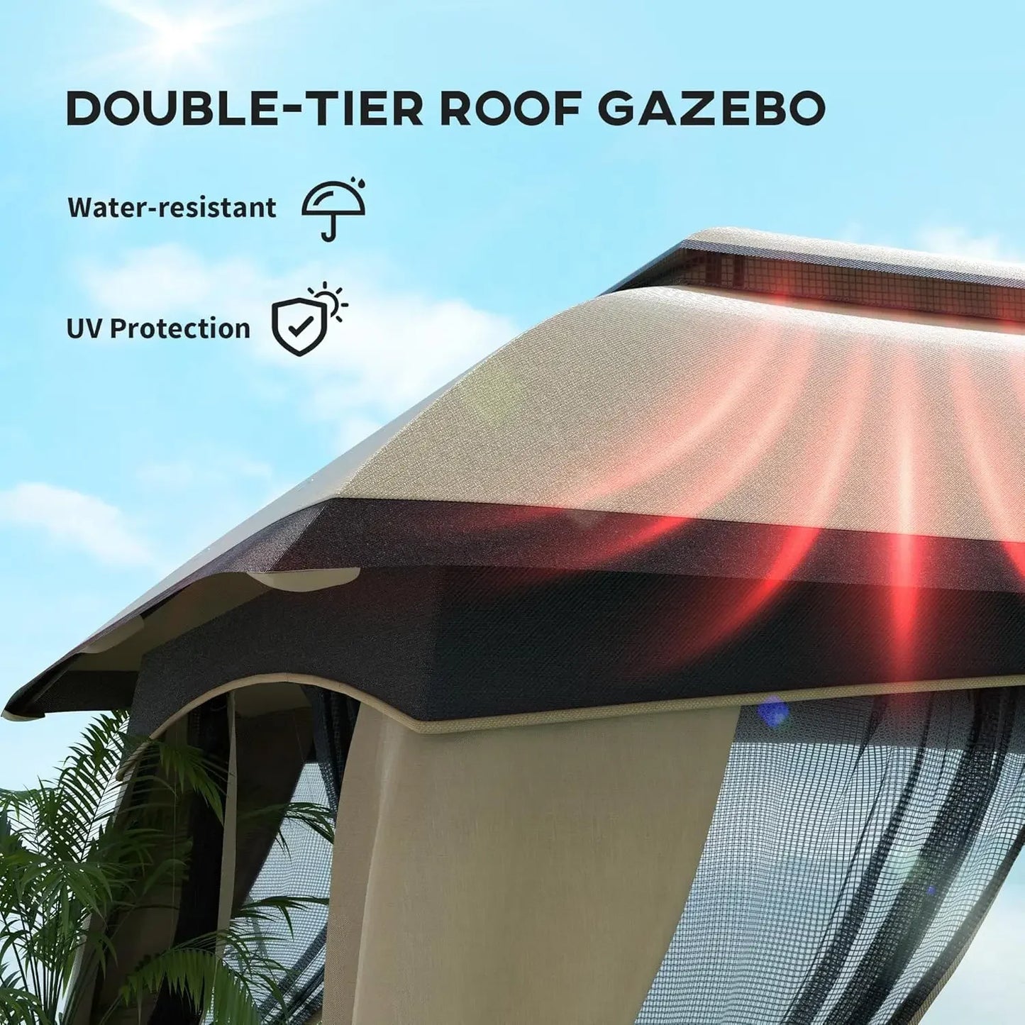 ✅ 10' x 13' Patio Gazebo with Netting – Beige Canopy Shelter, Sturdy Steel Frame