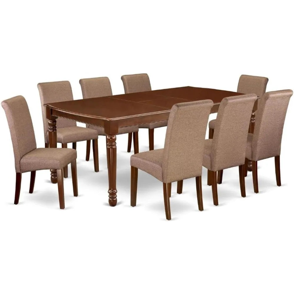 9 Piece Modern Dining Rectangle Wooden Table Set with Butterfly Leaf and 8 Linen Fabric Chairs