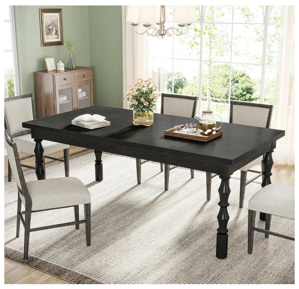 Wood Black Dining Table for 4-6 People, Farmhouse Large Rectangle Kitchen Table