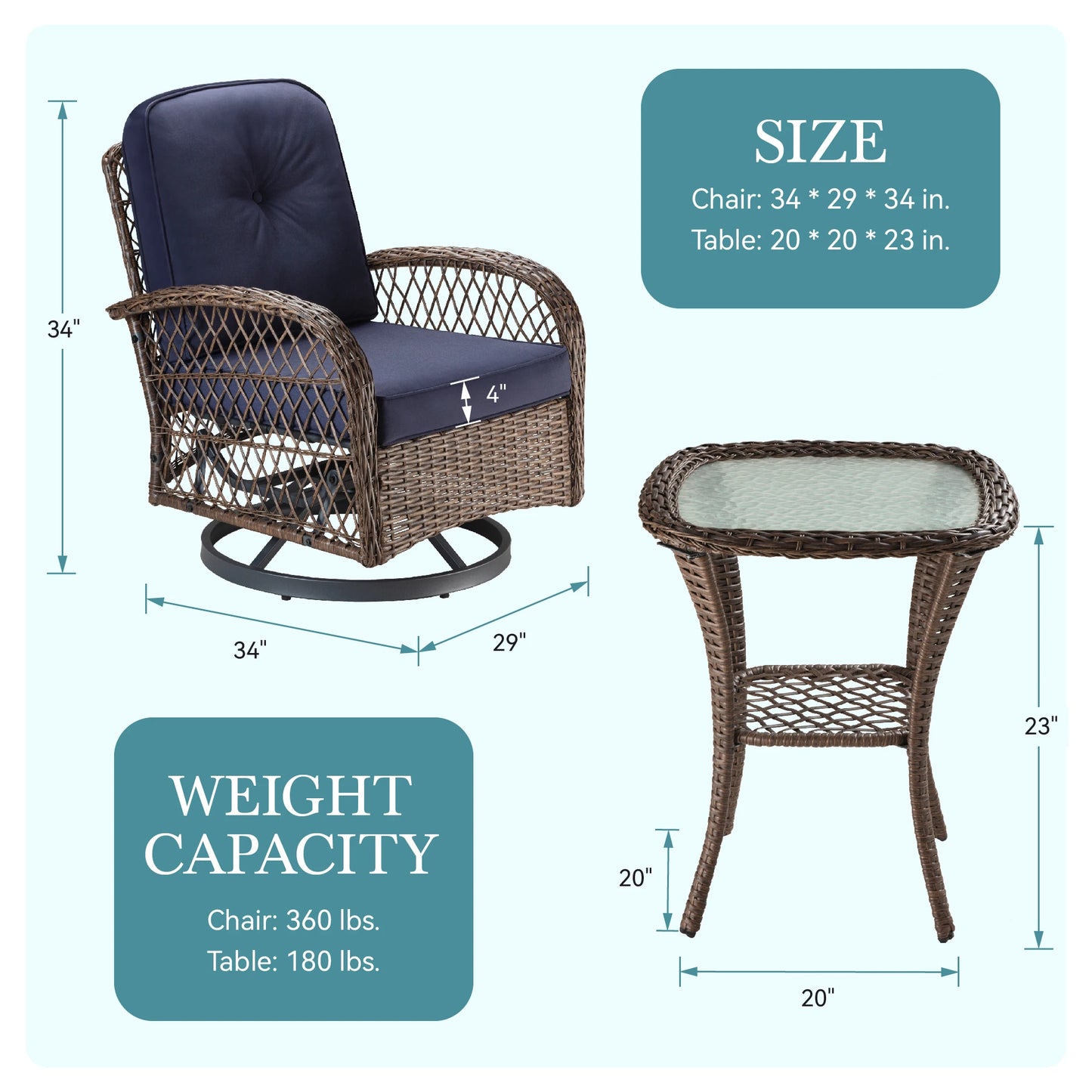 HOOMIC 3-Piece Patio Bistro Set – Swivel Rocking Chairs with Cushions & Side Table