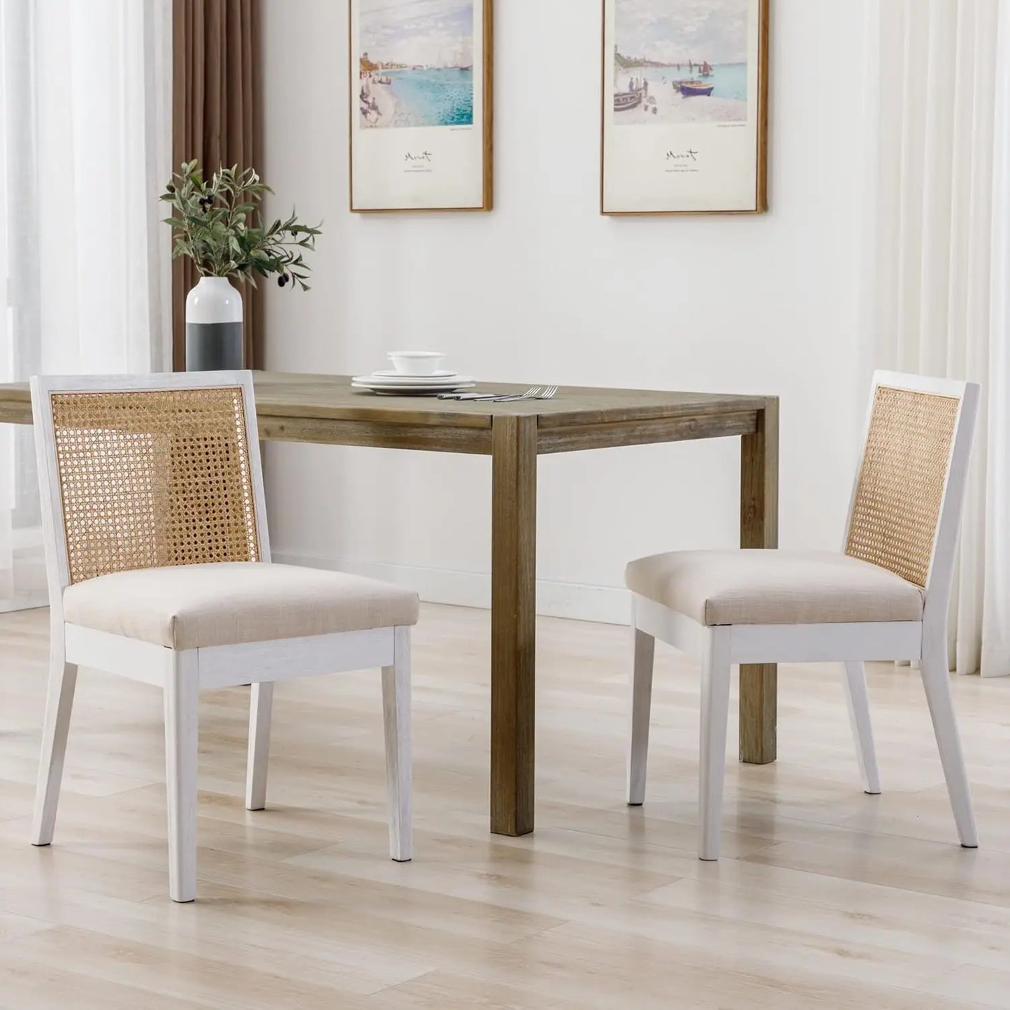 Set of 4 Farmhouse Rattan Dining Chairs, Black Wood & Upholstered