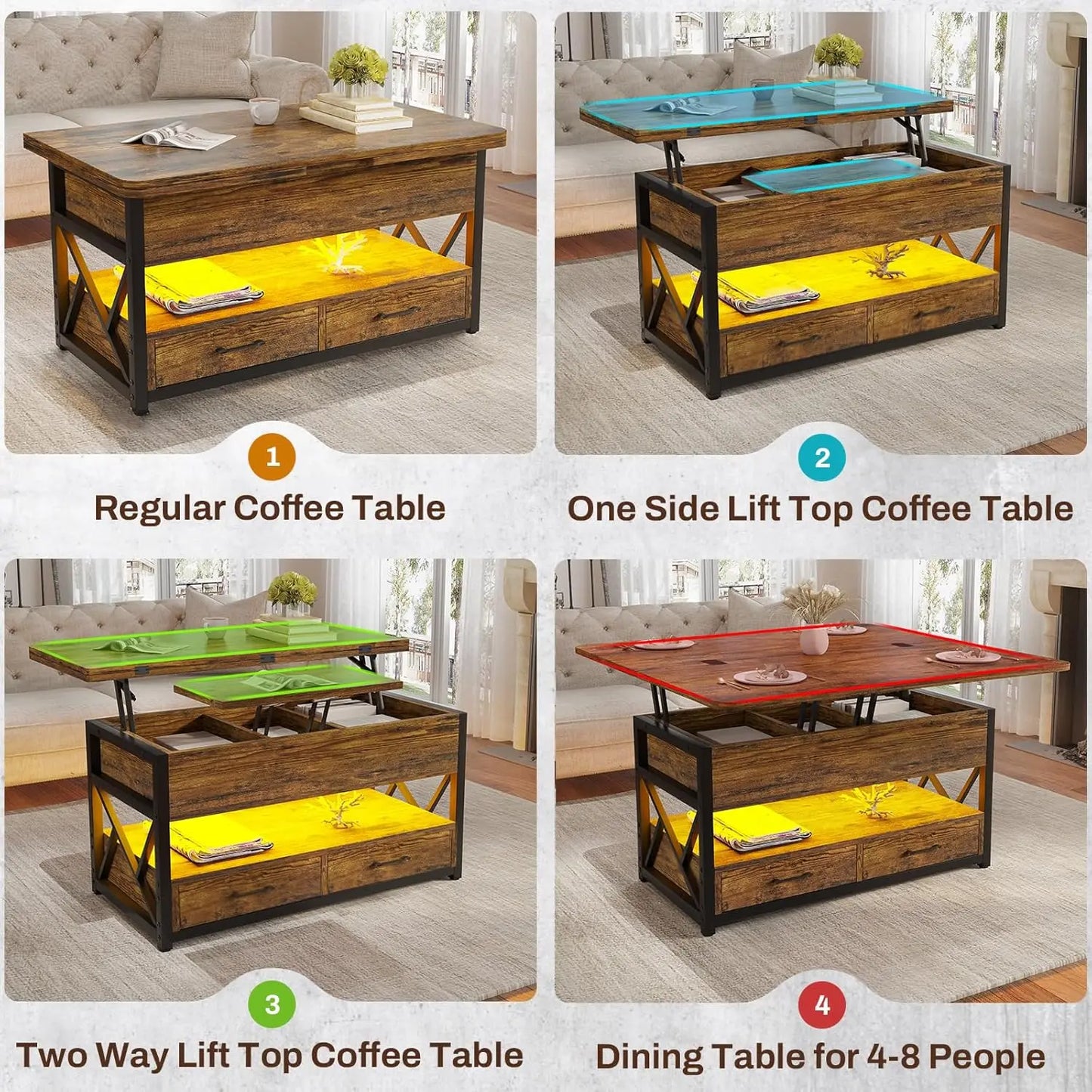 40" Lift Top Farmhouse Coffee Table with Storage, 2 Drawers & LED