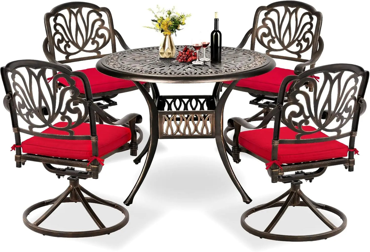 5-Piece Outdoor Patio Dining Set, Cast Aluminum, 4 Swivel Chairs, 35.4" Table