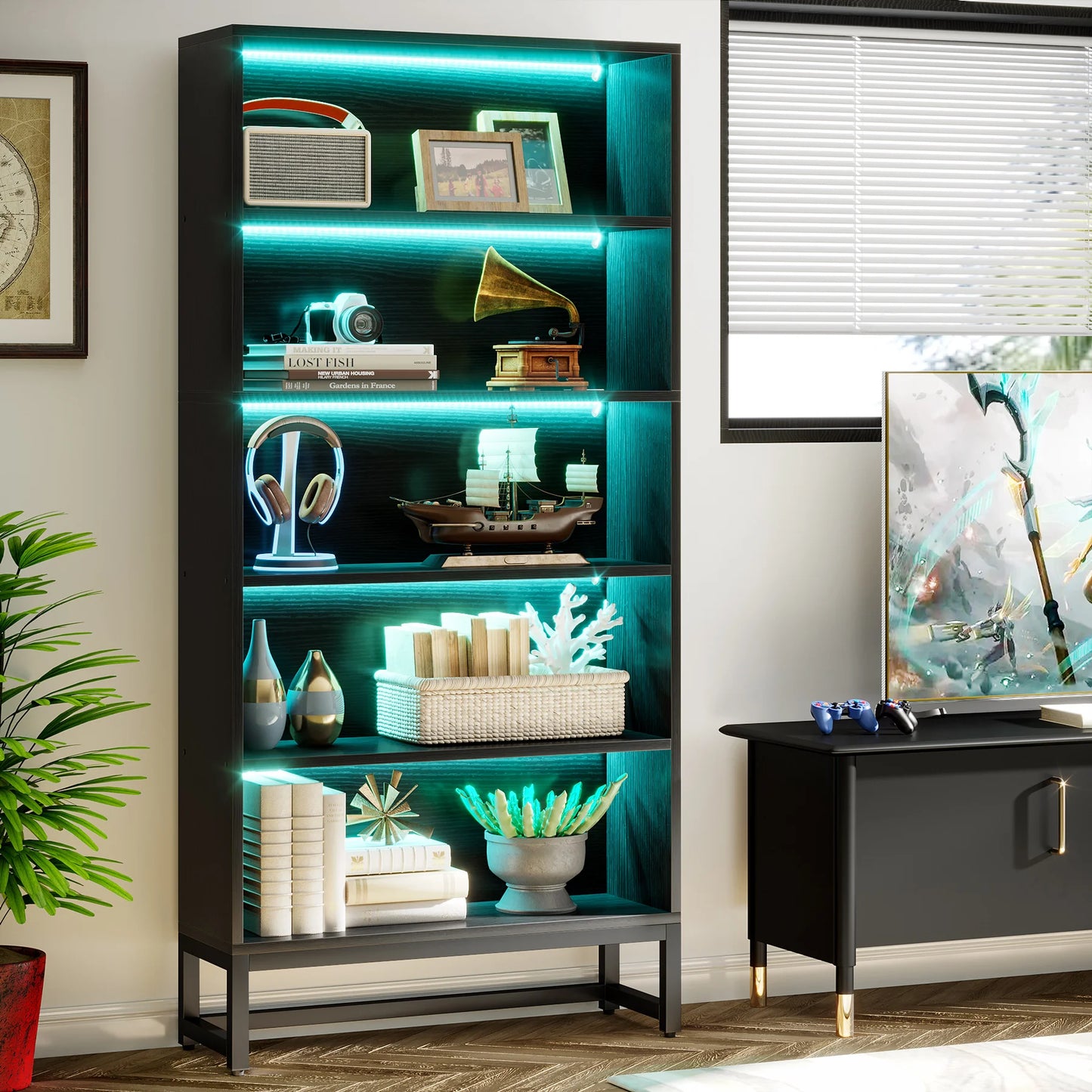 Tribesigns 70.8" Tall Library Bookcase with LED Lights, Heavy Duty Organizer