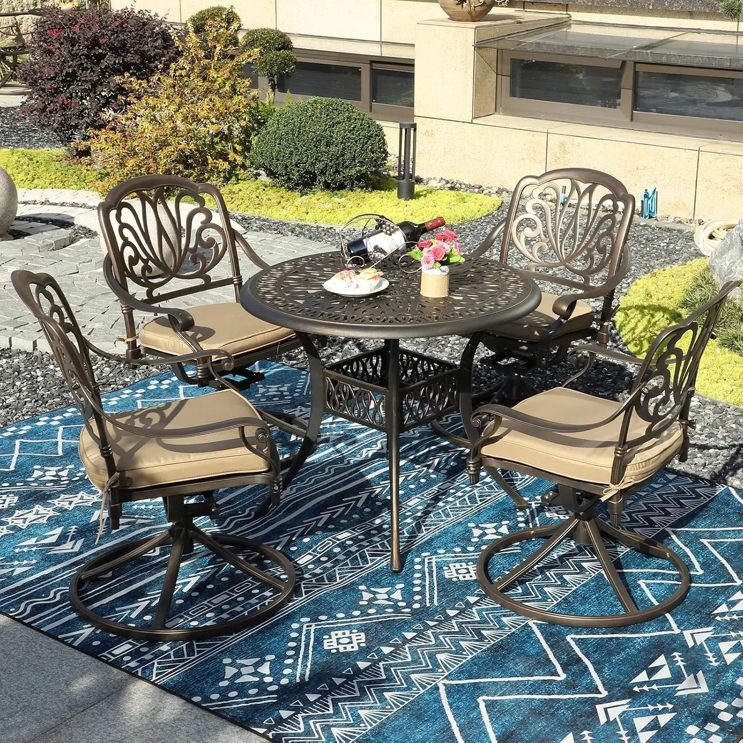 5-Piece Outdoor Patio Dining Set, Cast Aluminum, 4 Swivel Chairs, 35.4" Table