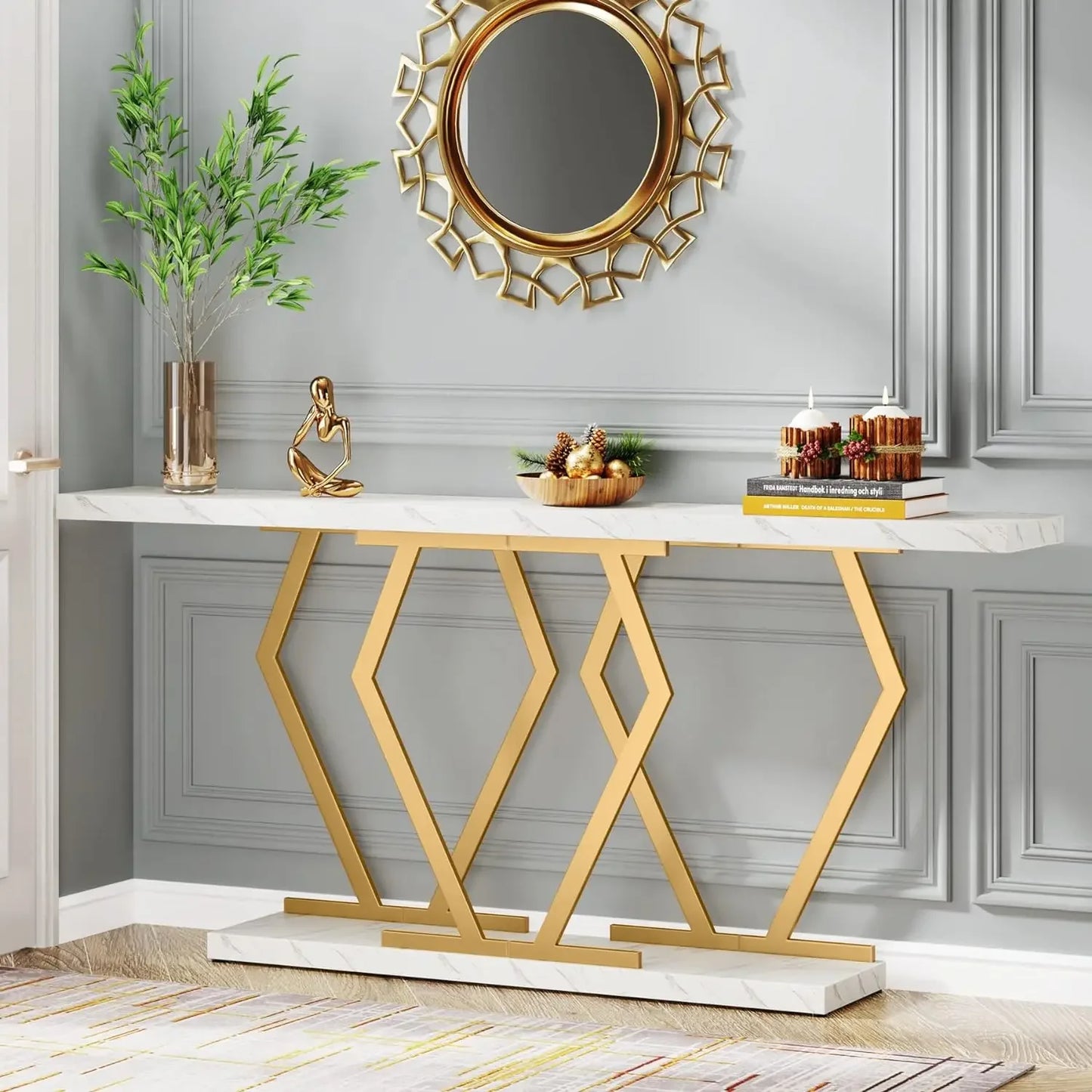 70.9" Extra Long Console Table, Faux Marble Top, Modern Table with Gold or Black Frame