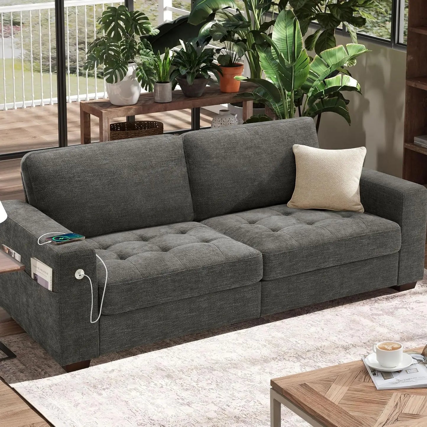 89" Faux Leather Sofa with USB/Type-C, Removable Cushions, Wide Armrests