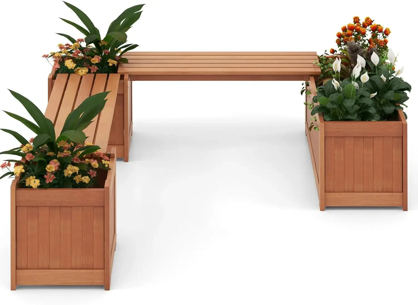 Rustic Garden Bed with Bench – Deep Wooden Planter Box for Outdoor Growing