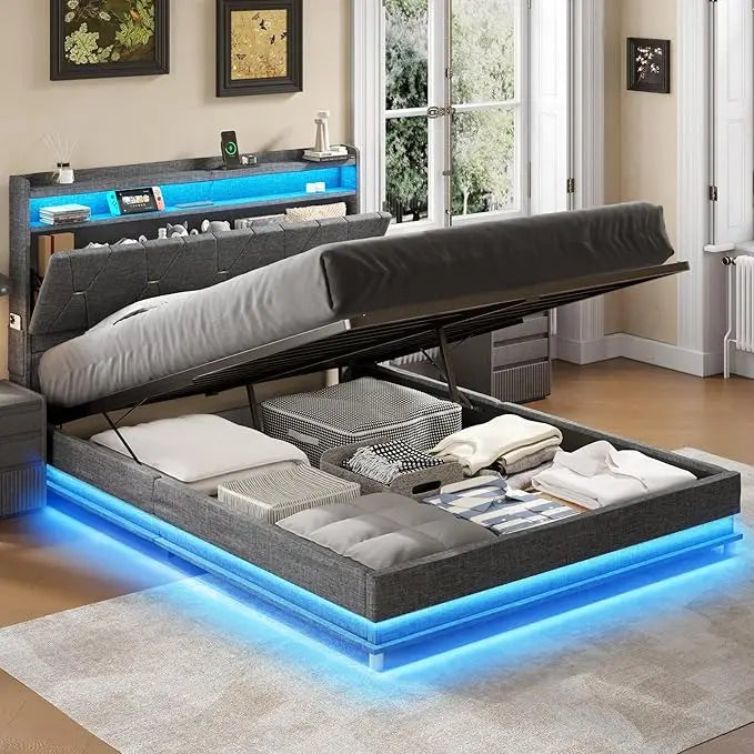Queen Size Lift-Up Storage Bed with Headboard, LED, Charging Station