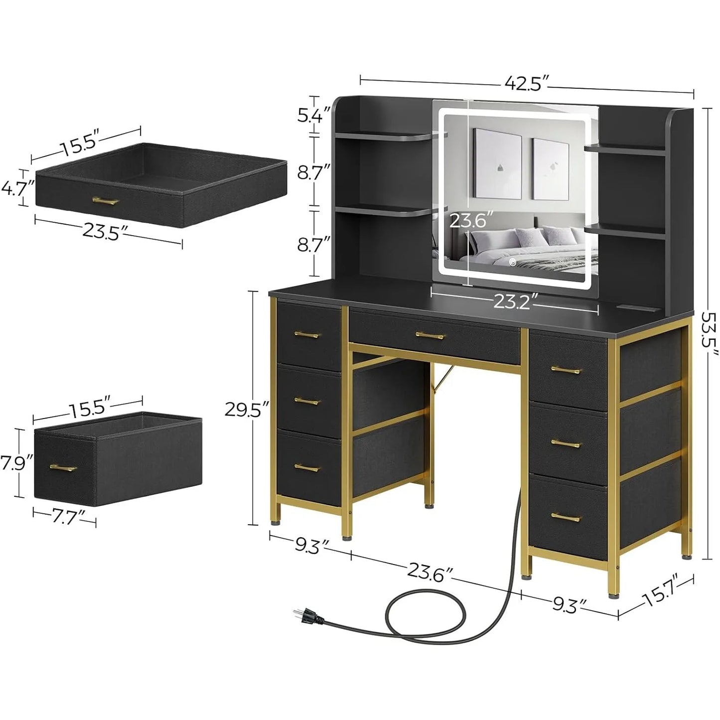 Vanity Desk with Lighted Mirror, Power Outlet & 7 Drawers, 6 Shelves, 3 Lighting Modes